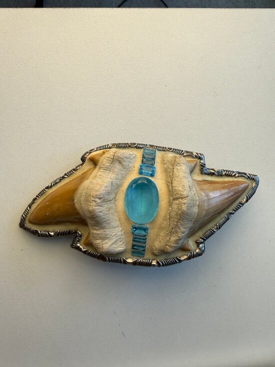 Rare Paul Pearman sigend Megalodon shark tooth & aquamarine Gem belt buckle